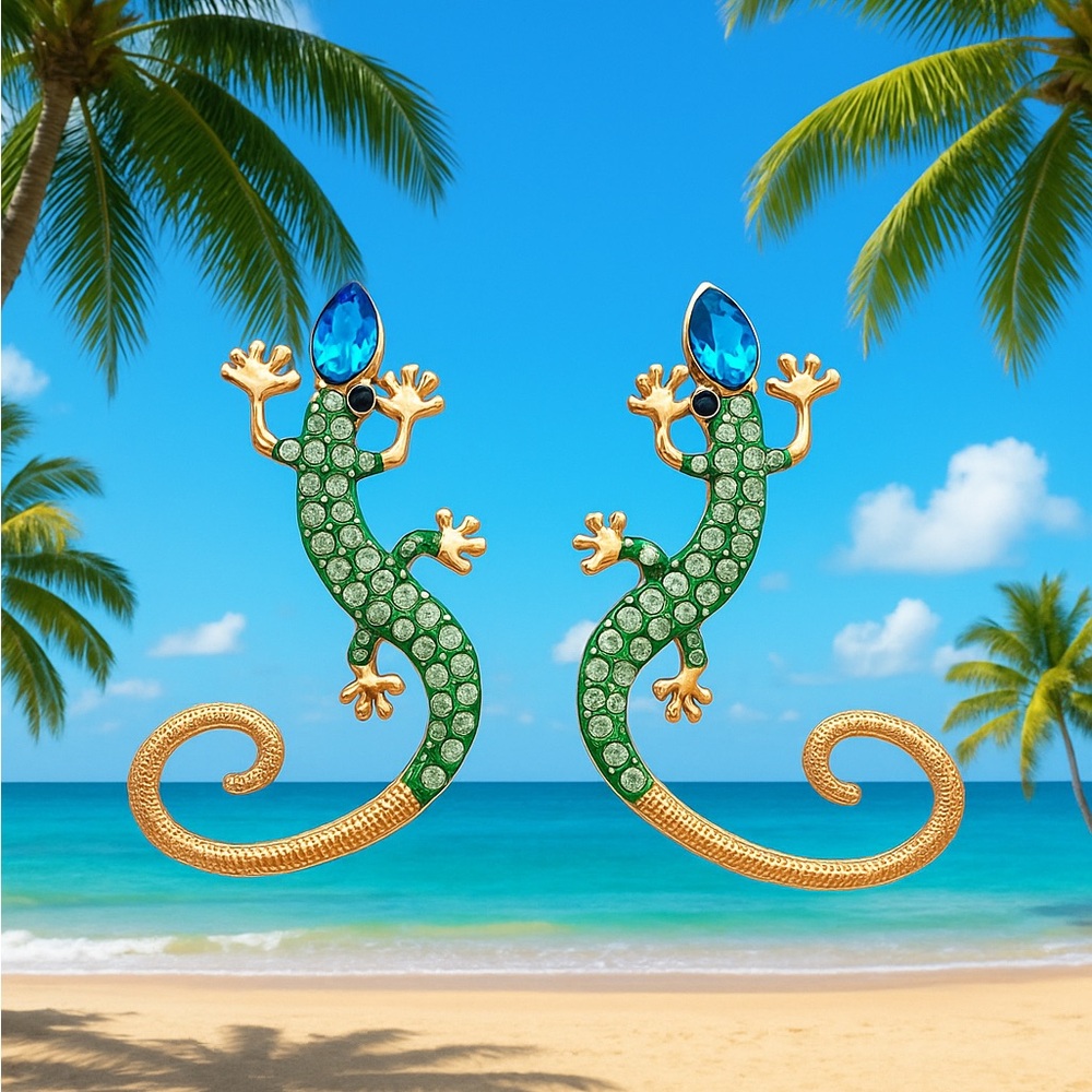 Rhinestone Gecko Lizard Sparkle Earrings